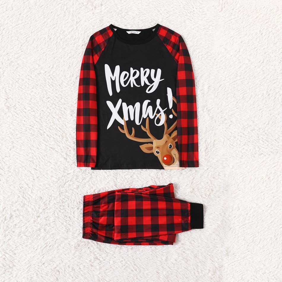 Mosaic Family Matching ' Merry Xmas ' Reindeer Print Plaid Christmas Pajamas Sets（Flame Resistant） Black big image 3