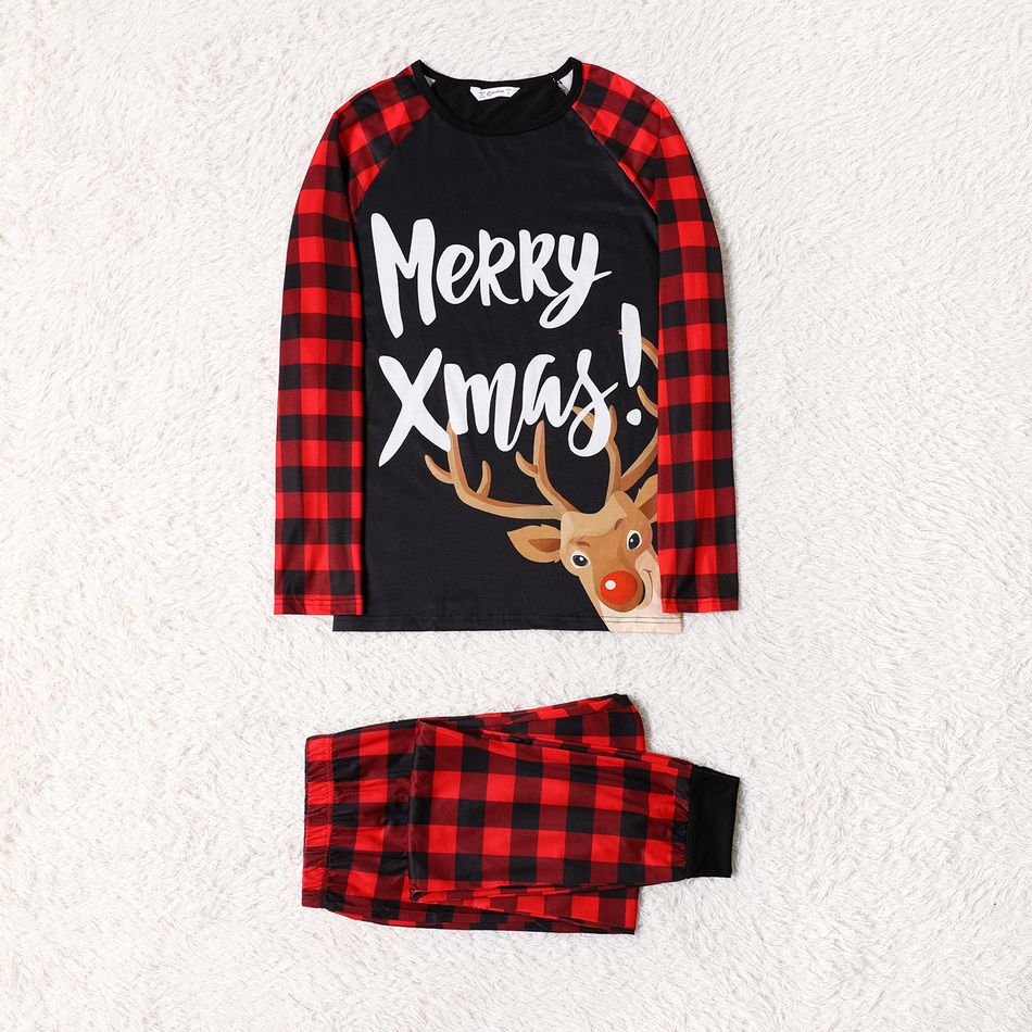 Mosaic Family Matching ' Merry Xmas ' Reindeer Print Plaid Christmas Pajamas Sets（Flame Resistant） Black big image 4