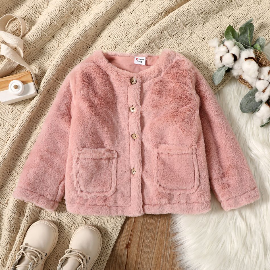 Toddler Girl Solid Color Button Design Fuzzy Coat Pink