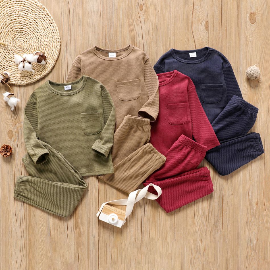 2-piece Toddler Boy/Girl Round-collar Long-sleeve Ribbed Solid Top with Pocket and Elasticized Pants Casual Set Khaki big image 11
