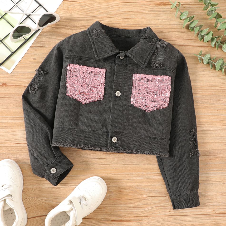 Kid Girl Sequined Pocket Lapel Collar Button Design Ripped Denim Jacket Black