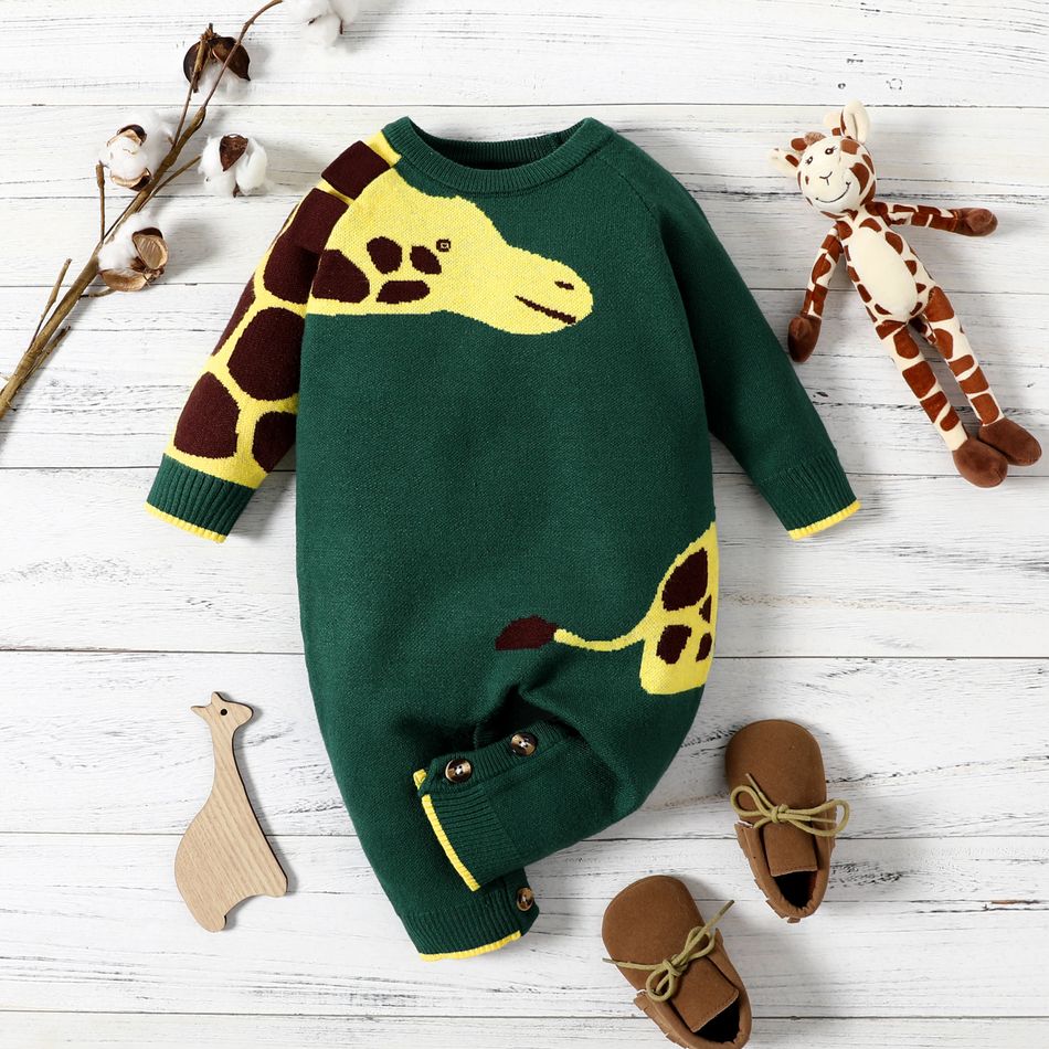 Baby Boy/Girl Cartoon Giraffe Pattern Dark Green Long-sleeve Knitted Jumpsuit Dark Green