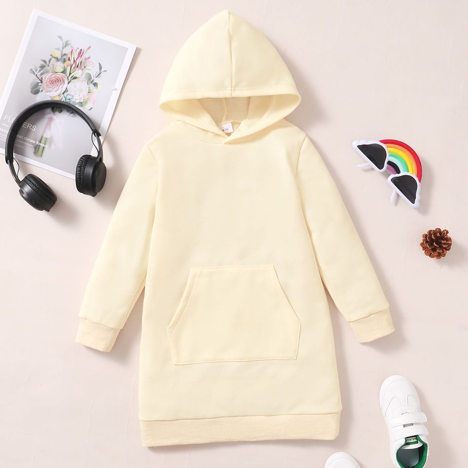 Kid Girl Solid Color Long-sleeve Hooded Sweatshirt Dress Beige big image 1