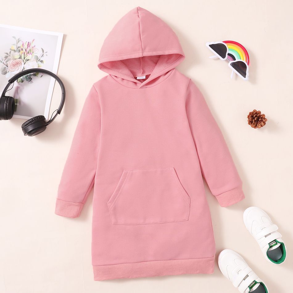 Kid Girl Solid Color Long-sleeve Hooded Sweatshirt Dress Pink