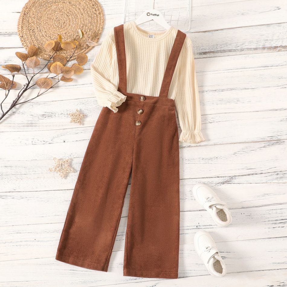 2-piece Kid Girl Ruffled Long-sleeve Waffle Top and Button Design Brown Overalls Set Brown