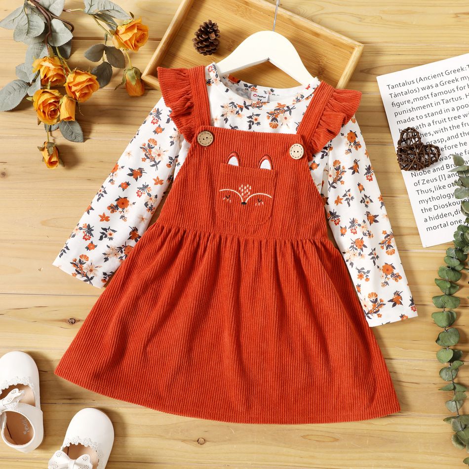2-piece Toddler Girl Floral Print Long-sleeve Tee and Ruffled Fox Pattern Overall Dress Set Brown