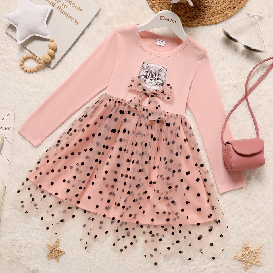 Kid Girl Cat Print Polka dots Bowknot Design Mesh Irregular Hem Long-sleeve Dress Pink