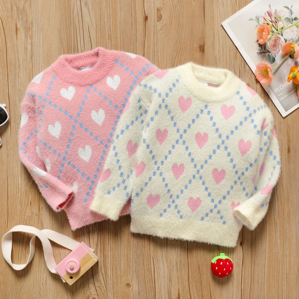 Toddler Girl Heart Pattern Sweet Sweater Light Pink big image 2