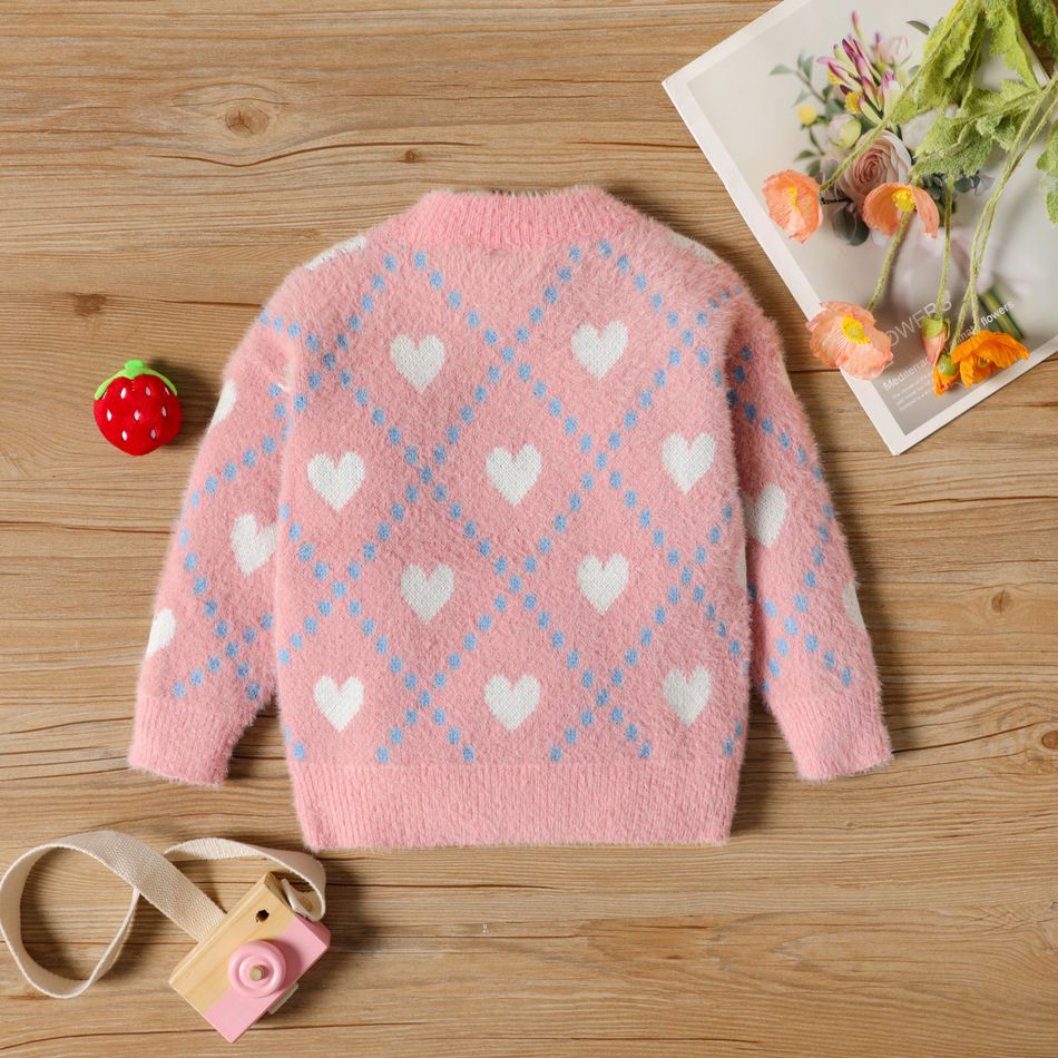Toddler Girl Heart Pattern Sweet Sweater Light Pink big image 3