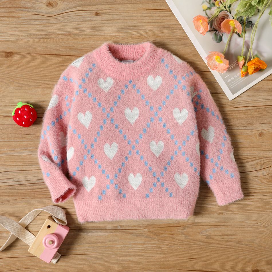 Toddler Girl Heart Pattern Sweet Sweater Light Pink