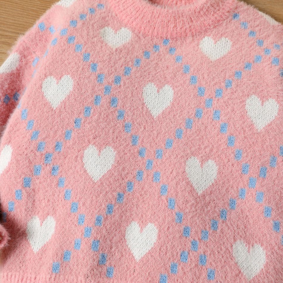 Toddler Girl Heart Pattern Sweet Sweater Light Pink big image 5