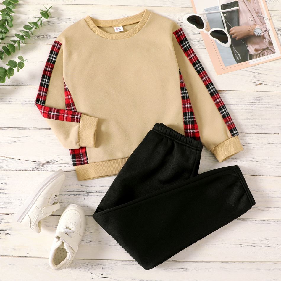 2-piece Kid Boy/Kid Girl Fleece Lined Plaid Colorblock Sweatshirt and Black Pants Set Khaki
