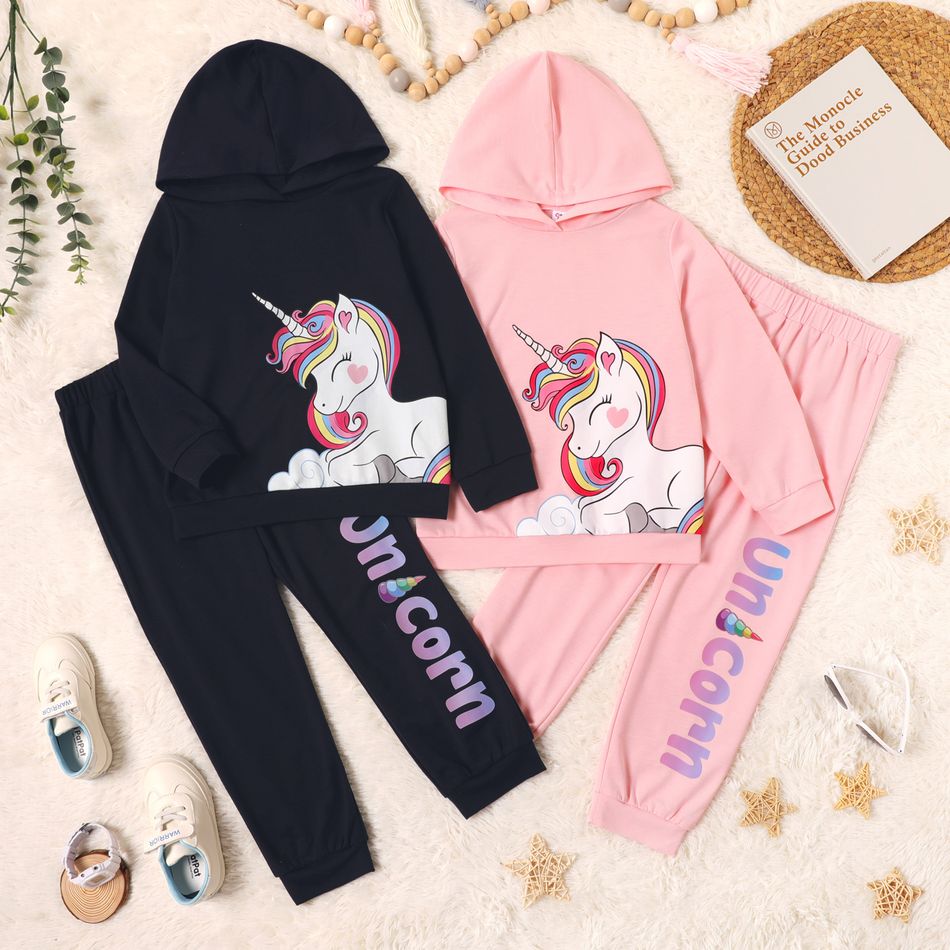 2-piece Kid Girl Unicorn Print Hoodie Sweatshirt and Letter Print Pants Set Pink