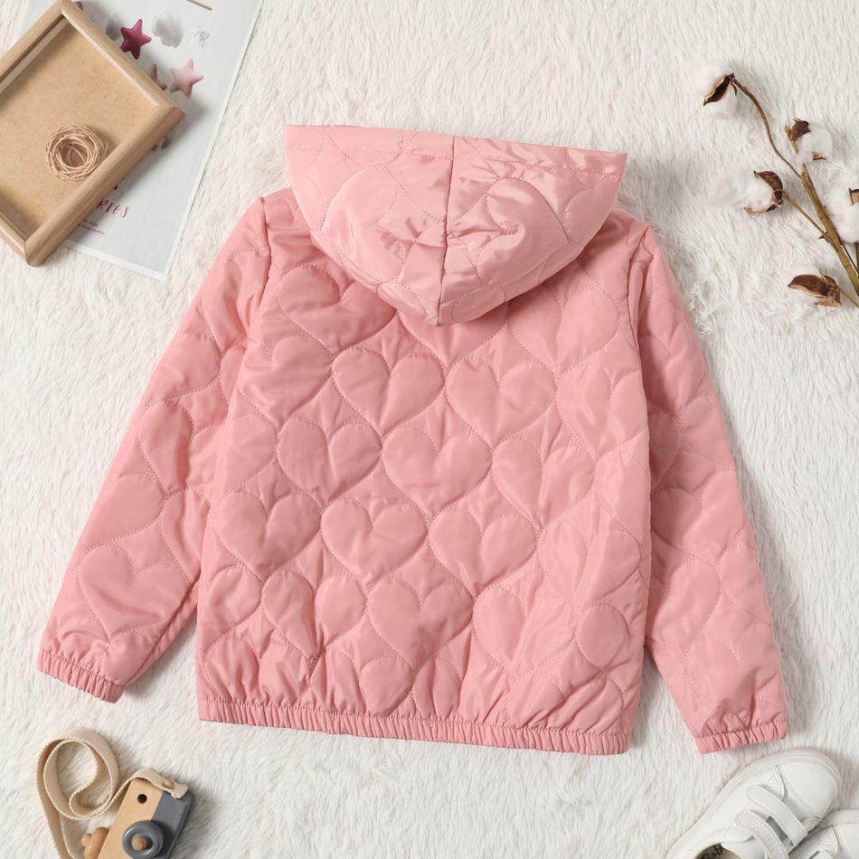 Kid Girl Textured Zipper Solid Color Hooded Coat Pink big image 3