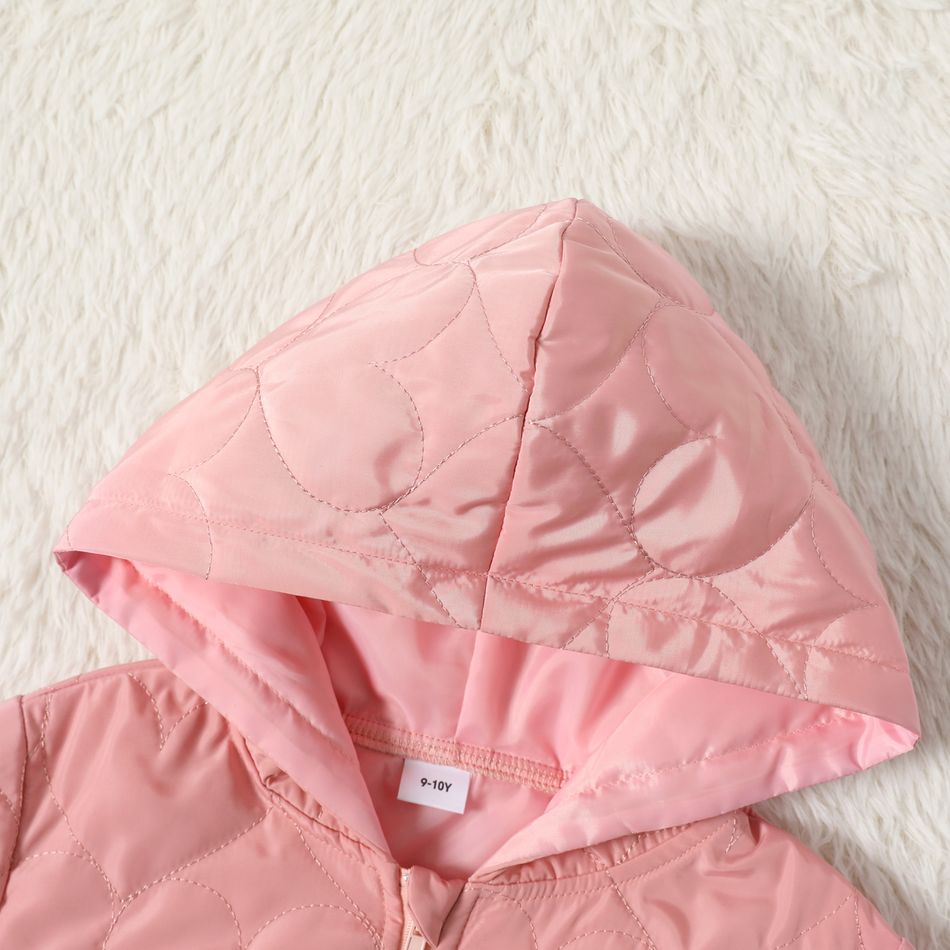Kid Girl Textured Zipper Solid Color Hooded Coat Pink big image 4
