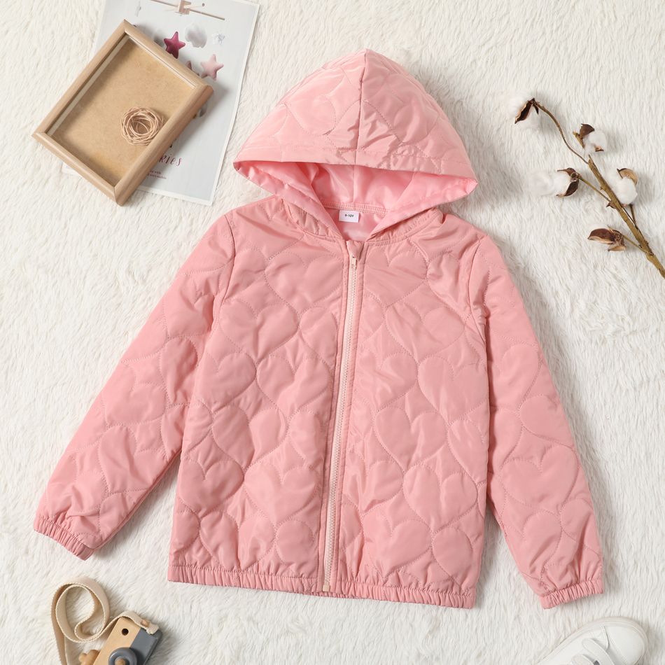 Kid Girl Textured Zipper Solid Color Hooded Coat Pink big image 1