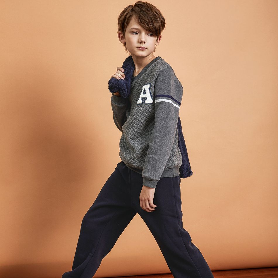 2-piece Kid Boy Letter Embroidered Textured Pullover Sweatshirt and Fleece Lined Pants Set Light Grey