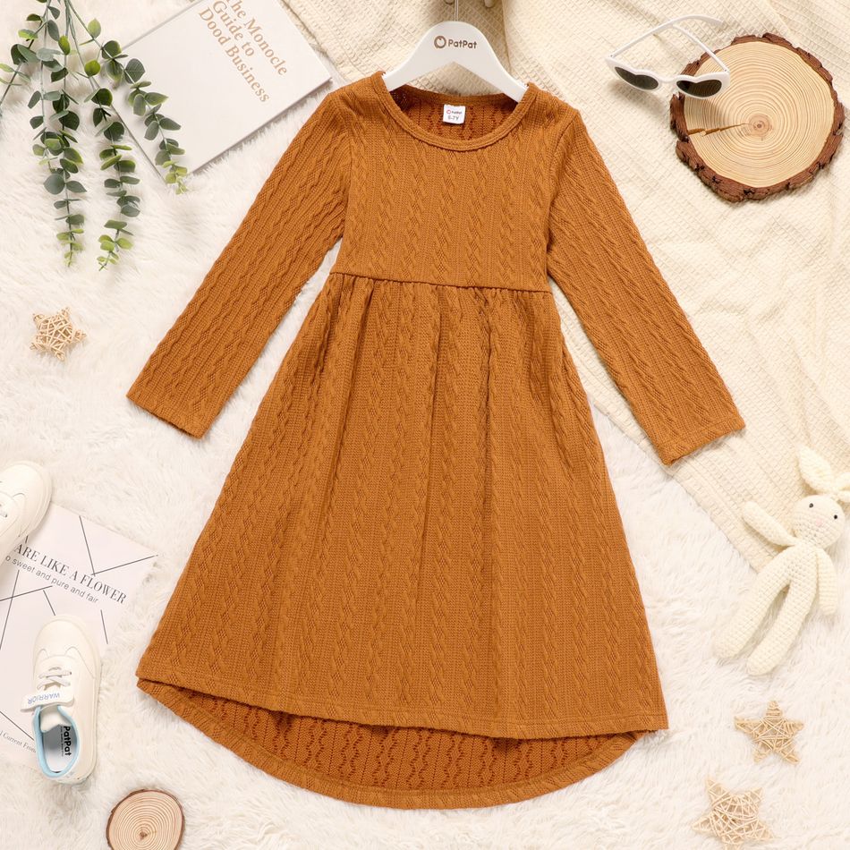 Pretty Kid Girl Solid Color Cable Knit High Low Long-sleeve Dress Coffee
