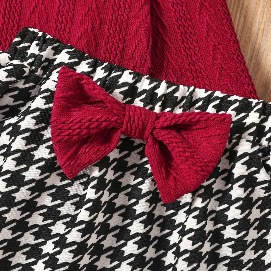 2-قطعة طفلة صغيرة متماسكة سترة محبوكة ومجموعة تنورة houndstooth تصميم bowknot عنابي اللون