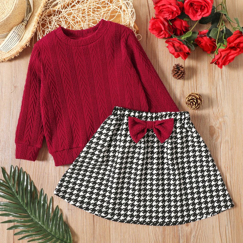2-piece Toddler Girl Cable Knit Textured Sweater and Bowknot Design Houndstooth Skirt Set Burgundy big image 1