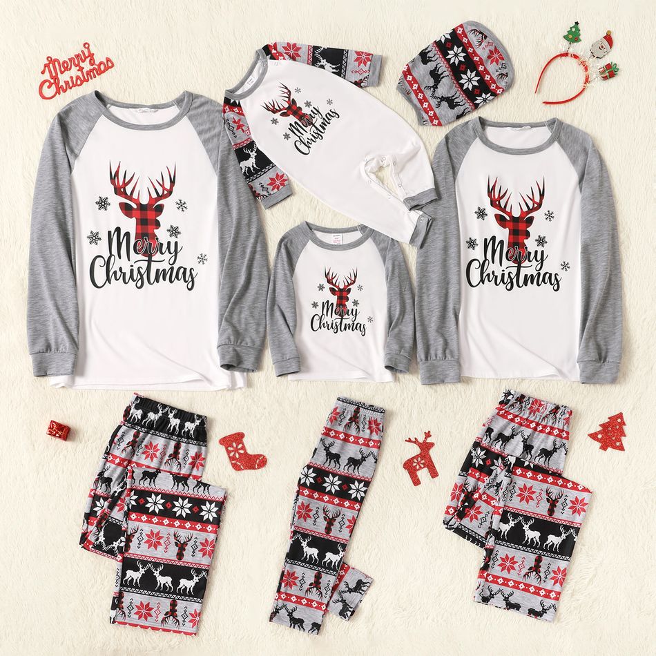 Christmas Reindeer and Letter Print Family Matching Grey Raglan Long-sleeve Pajamas Sets (Flame Resistant) flowergrey