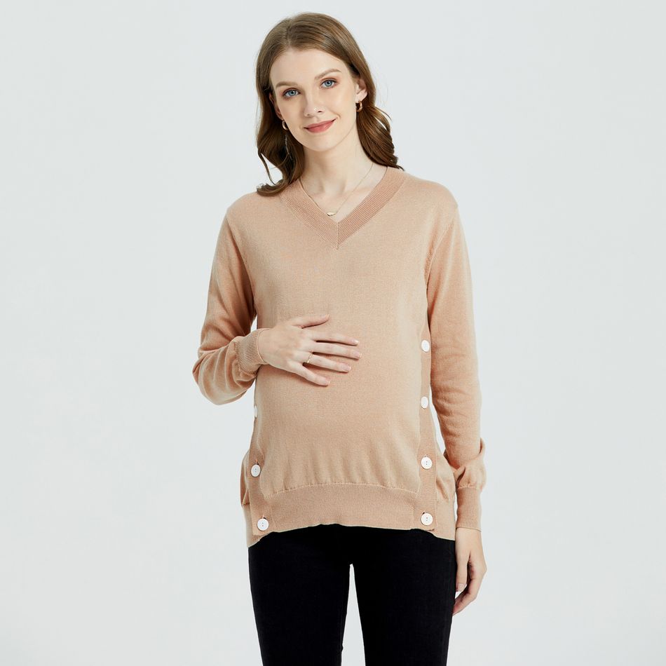 Maternity V Neck Button Up Sweater Apricot