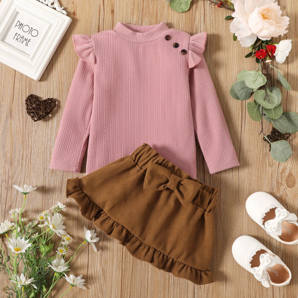 2-piece Toddler Girl Textured Button Design Mock Long-sleeve Top and Bowknot Ruffled Skirt Set Pink