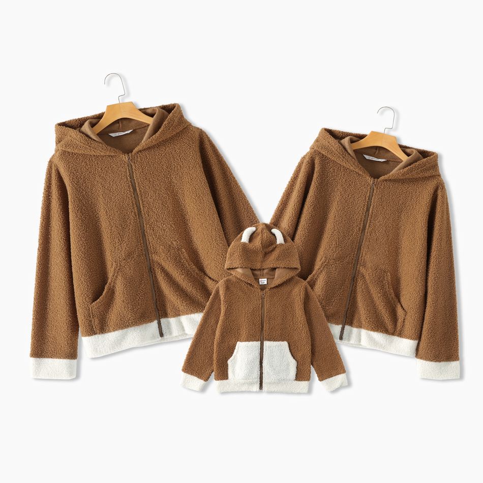 Family Matching Brown Fleece Long-sleeve Zip Hoodies Sweatshirts Brown