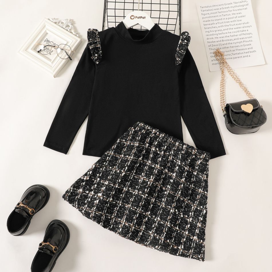2-piece Elegant Kid Girl Ruffled Mock Neck Long-sleeve Tee and Plaid Tweed A-line Skirt Set Black big image 2