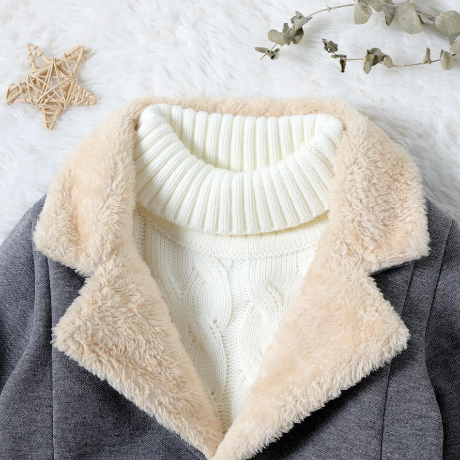 Kid Boy/Kid Girl Double Breasted Lapel Collar Fleece Lined Jacket Coat Dark Grey big image 3