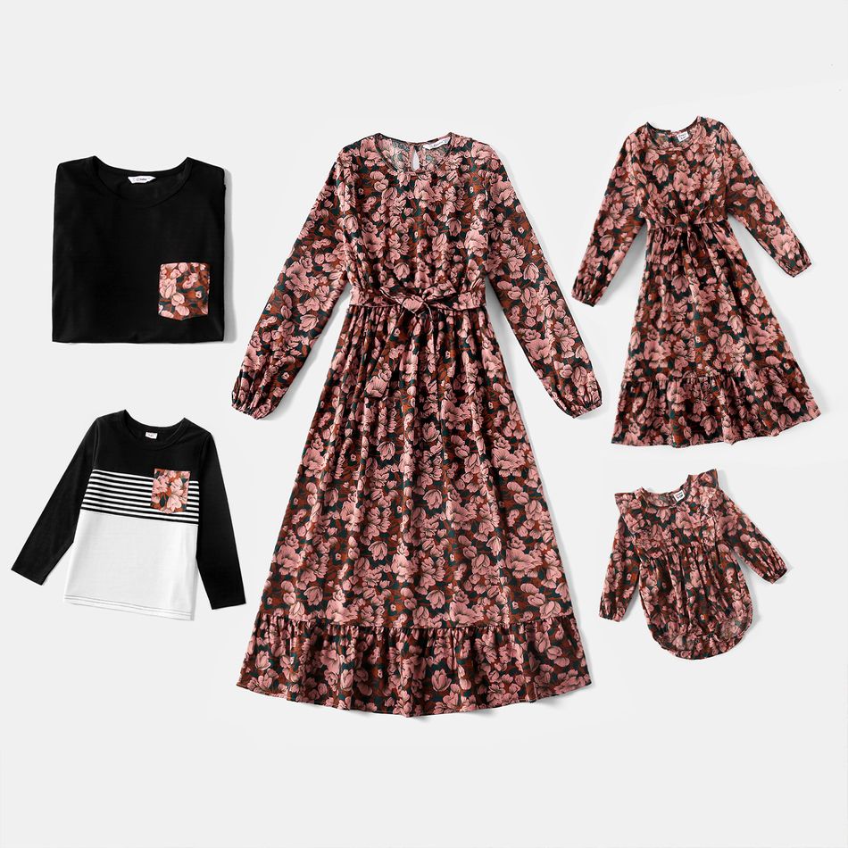 Family Matching All Over Floral Print Long-sleeve Midi Dresses and Black T-shirts Sets ColorBlock