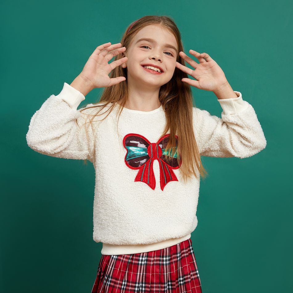 Kid Girl Christmas Sequined Bowknot Design/Tree Embroidered Teddy Fuzzy Pullover Sweatshirt Beige big image 9