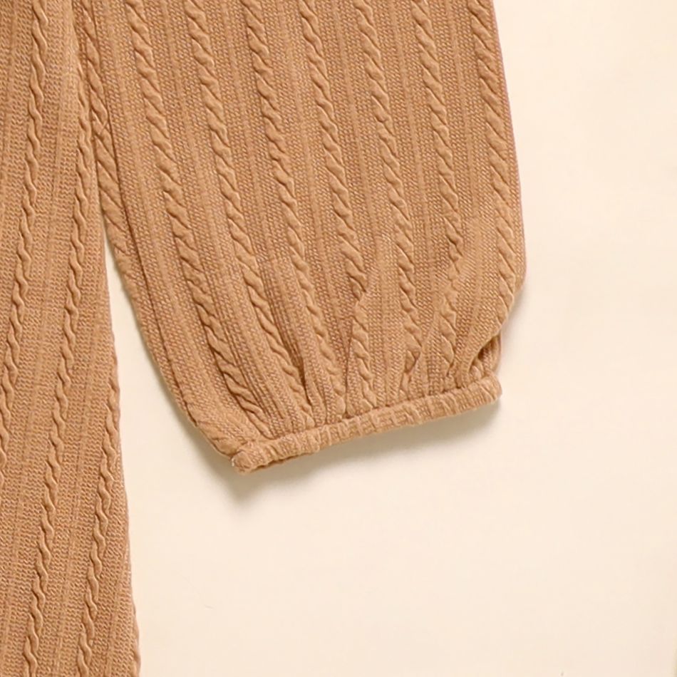 Kid Girl Cable Knit Textured Button Design Long-sleeve Dress Khaki big image 5