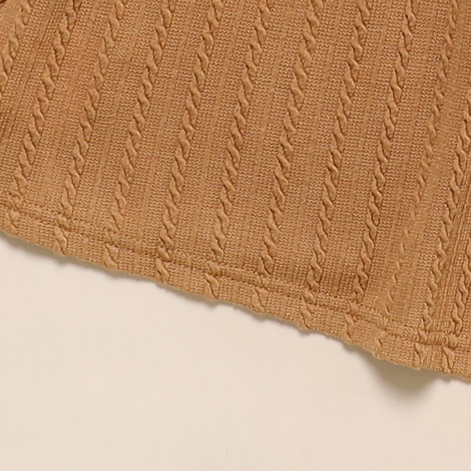 Kid Girl Cable Knit Textured Button Design Long-sleeve Dress Khaki big image 6