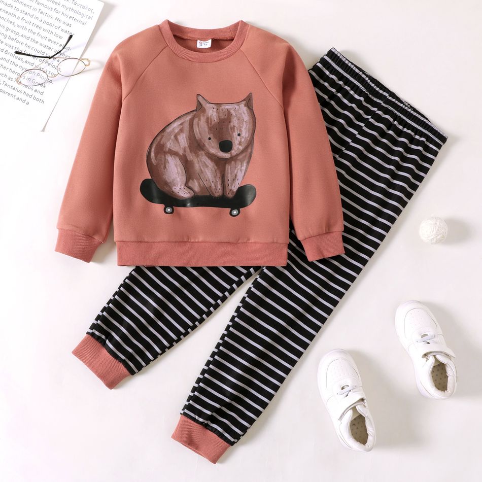 2-piece Kid Girl Animal Koala Print Fleece Lined Raglan Sleeve Sweatshirt and Stripe Pants Set Red