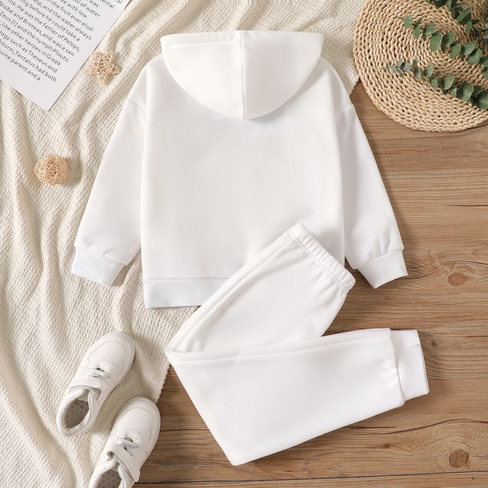 2-piece Kid Girl Letter Print Fleece Lined Hoodie Sweatshirt and Solid Color Pants Set White big image 7