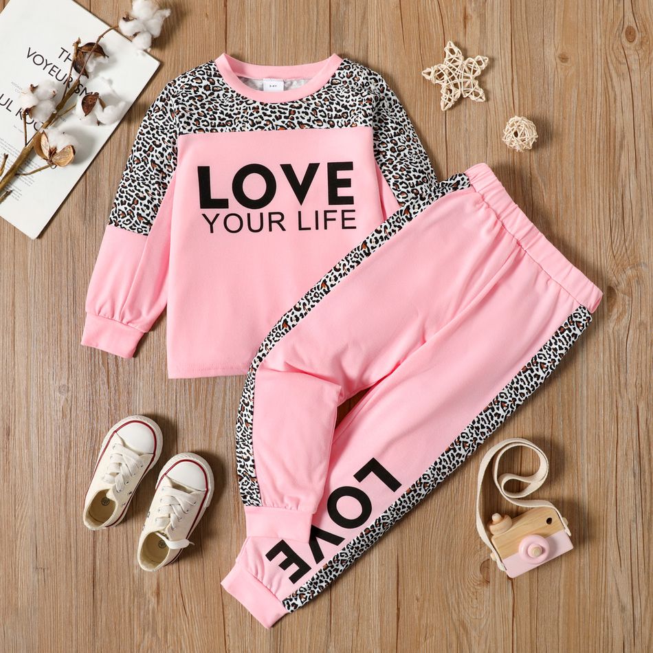2-piece Toddler Girl Letter Leopard Print Sweatshirt and Pants Set Pink big image 3