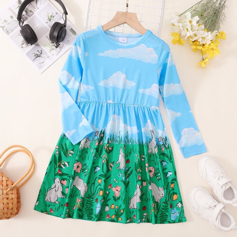 Kid Girl Easter Floral Animal Cloud Print Long-sleeve Dress Blue