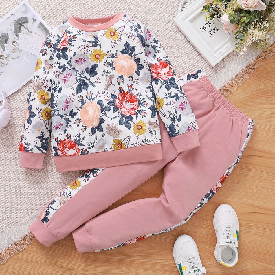 2-piece Kid Girl Floral Print Raglan Sleeve Sweatshirt and Colorblock Pants Set Pink