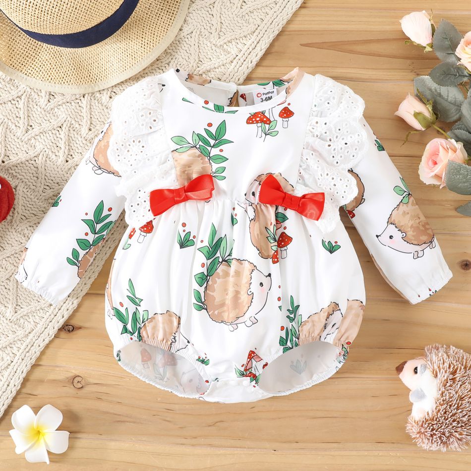 Baby Girl Plants Print Long-sleeve Hollow Out Ruffle Bowknot Romper White