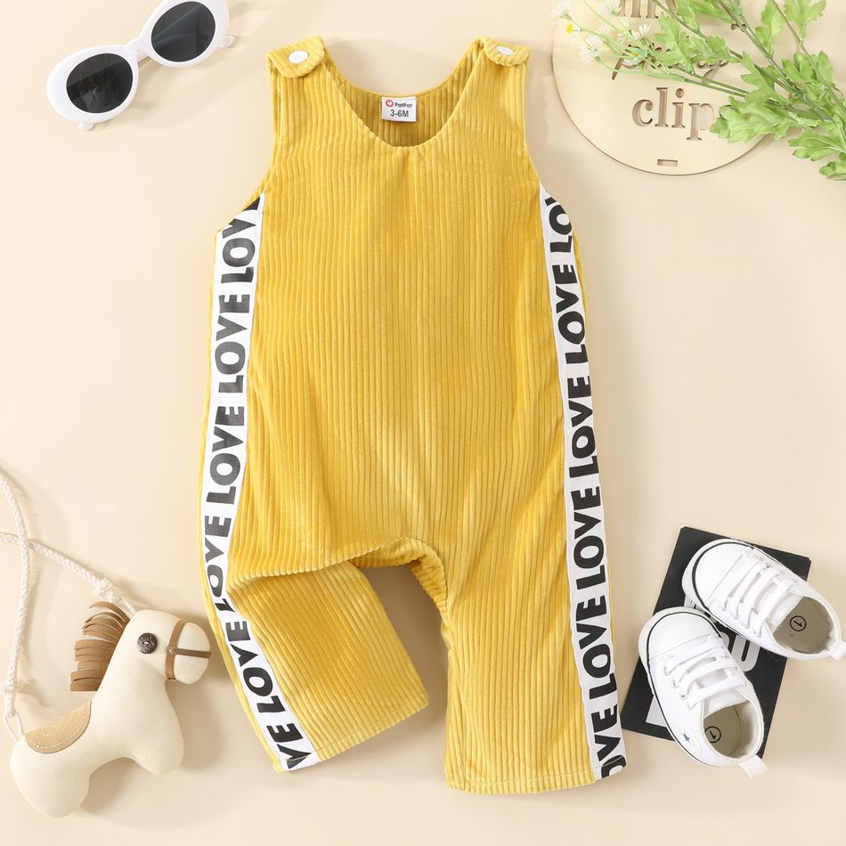 Baby Girl Corduroy Solid and Letter Print Sleeveless Overall Jumpsuit Yellow