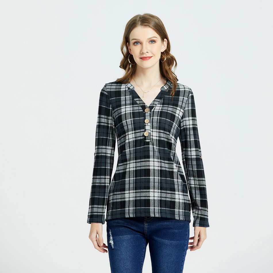Nursing Thanksgiving Button Half Placket Grid Long-sleeve Top Dark Blue