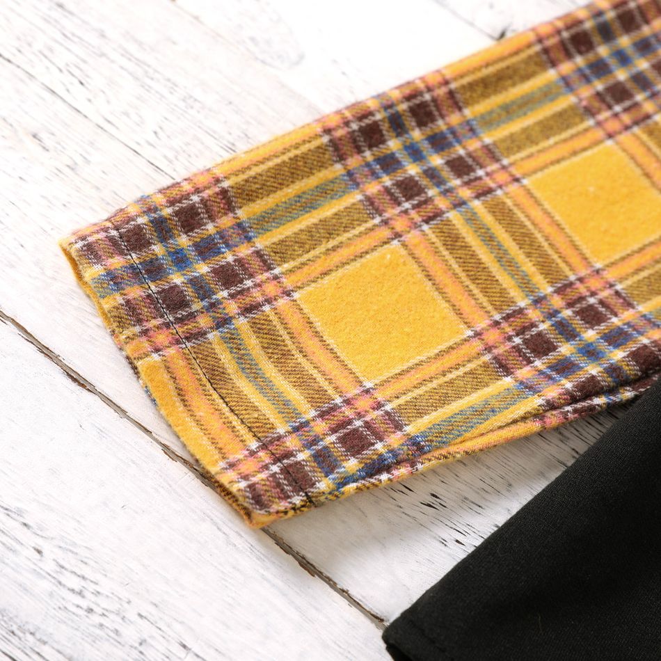 Kid Boy Striped Webbing Textured Sweatshirt/ Striped Pants/ Plaid Colorblock Hooded Jacket Yellow big image 3