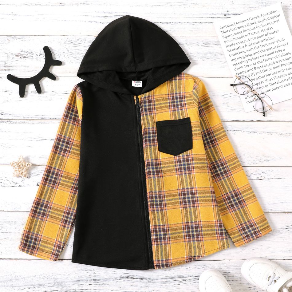 Kid Boy Striped Webbing Textured Sweatshirt/ Striped Pants/ Plaid Colorblock Hooded Jacket Yellow big image 1