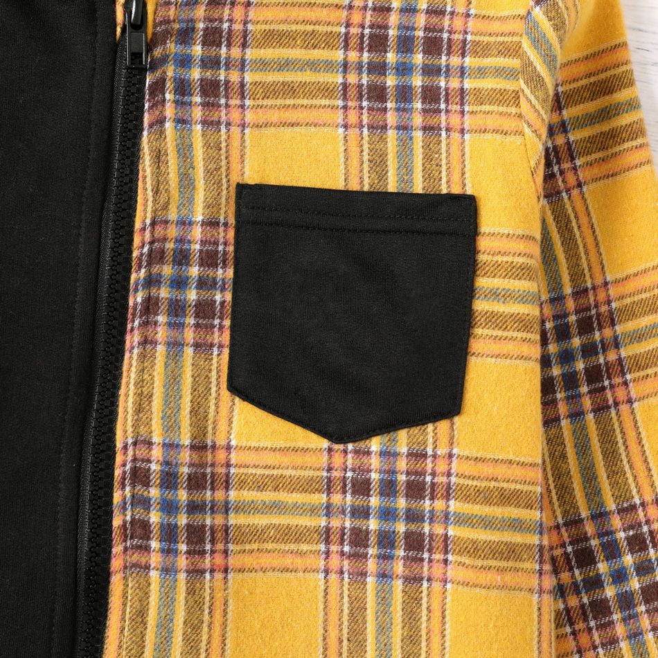 Kid Boy Striped Webbing Textured Sweatshirt/ Striped Pants/ Plaid Colorblock Hooded Jacket Yellow big image 4