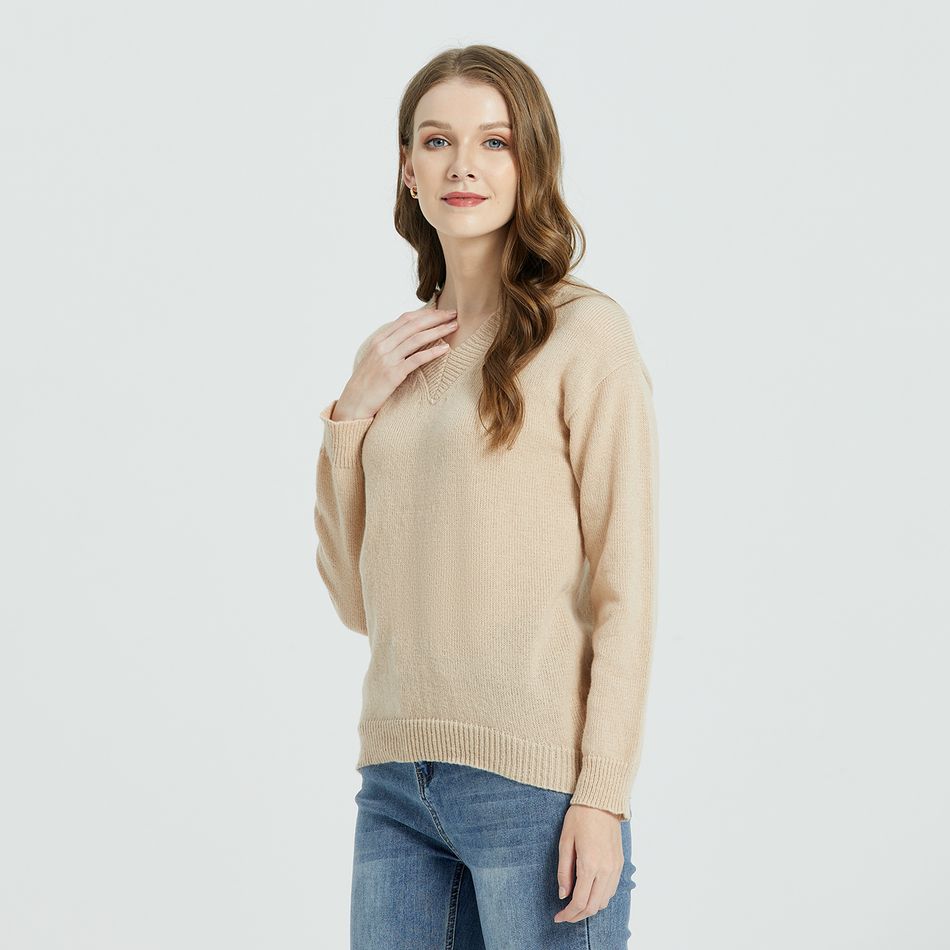 Khaki Minimalist V-neck Long-sleeve Sweater Khaki big image 3
