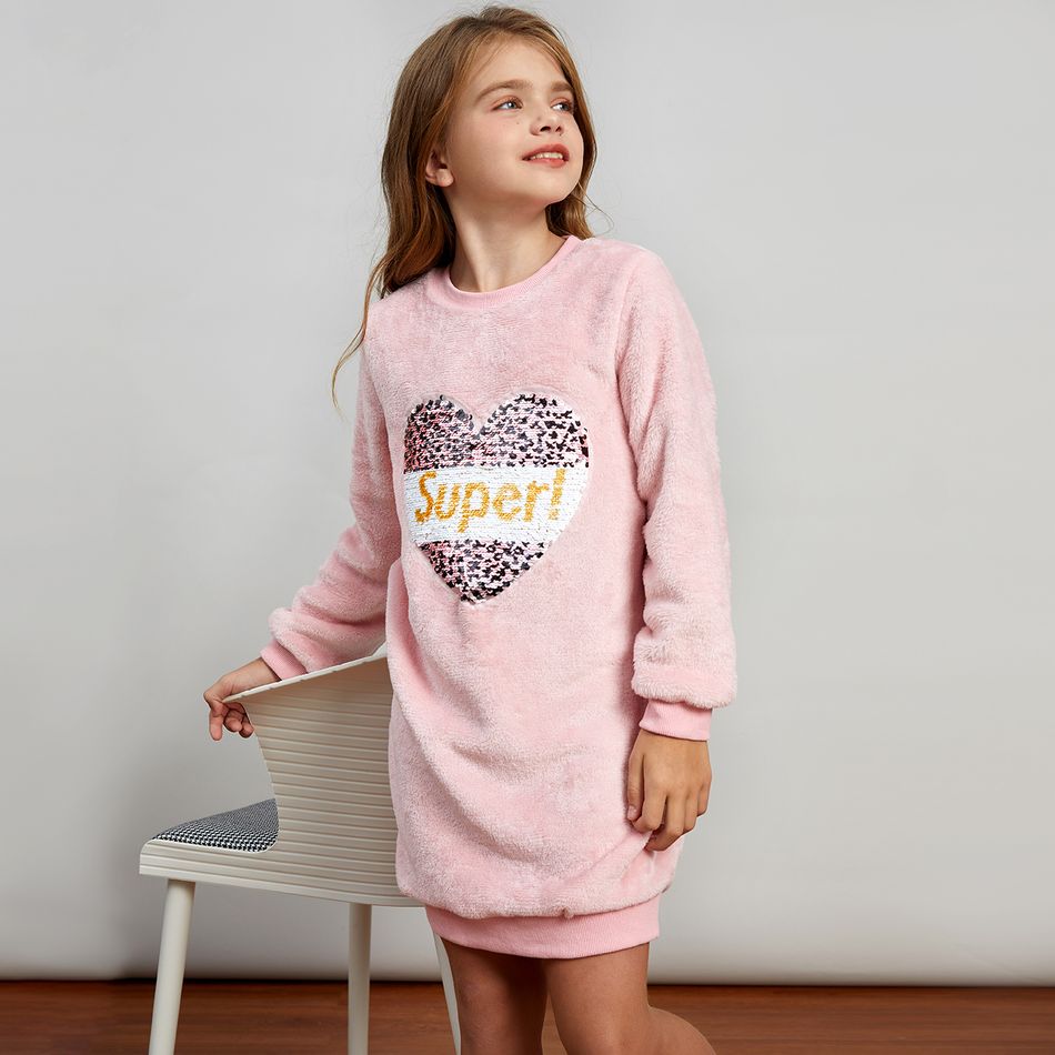 Kid Girl Flip Sequin Heart Pattern Sweatshirt Dress/  100% Cotton Denim Leggings Pink big image 7