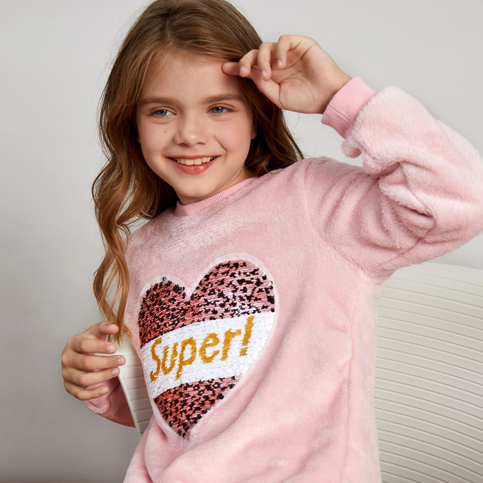 Kid Girl Flip Sequin Letter Heart Pattern Pink Sweatshirt Dress Pink big image 8