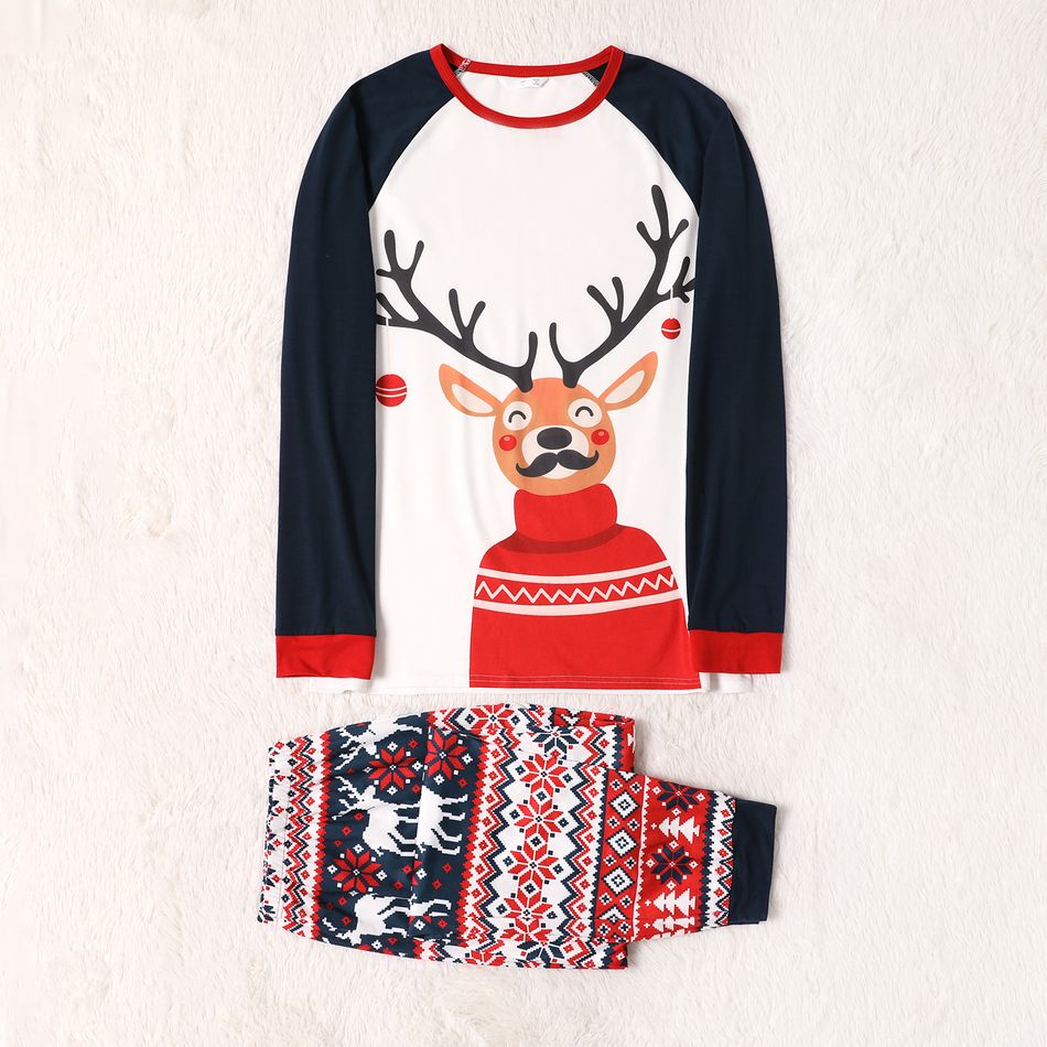 Christmas Cartoon Reindeer Print Family Matching Raglan Long-sleeve Pajamas Sets (Flame Resistant) Dark Blue/white big image 2
