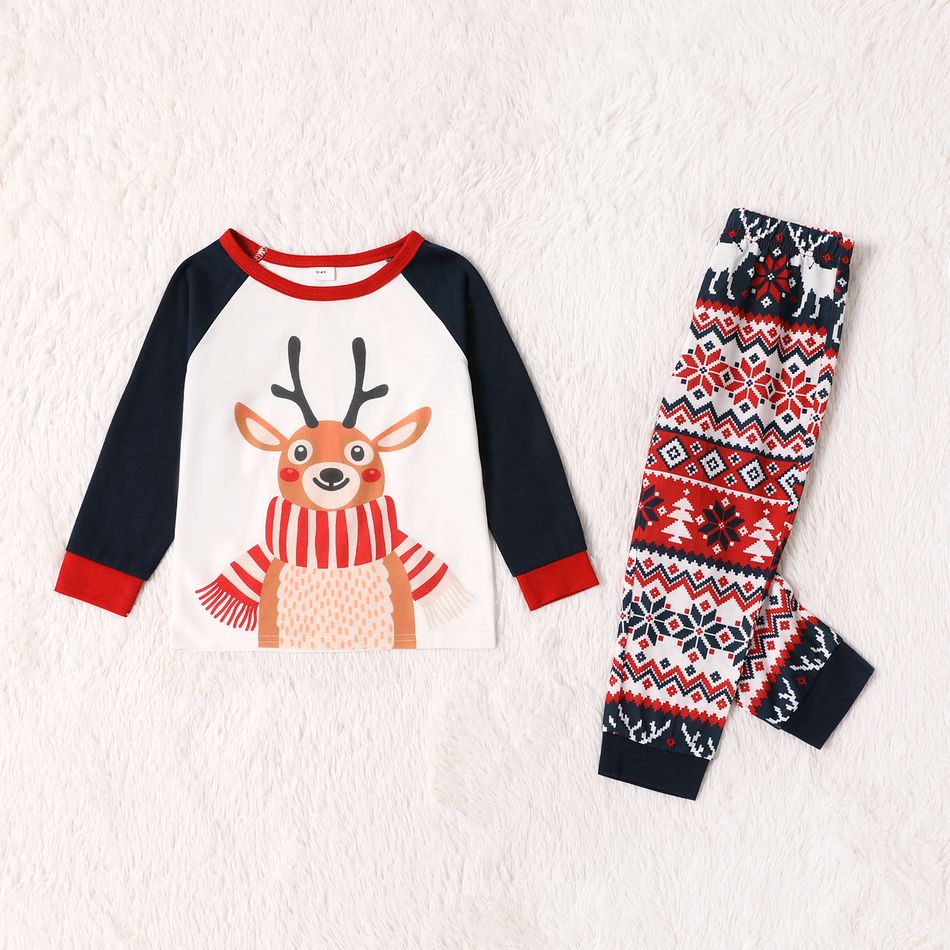 Christmas Cartoon Reindeer Print Family Matching Raglan Long-sleeve Pajamas Sets (Flame Resistant) Dark Blue/white big image 7